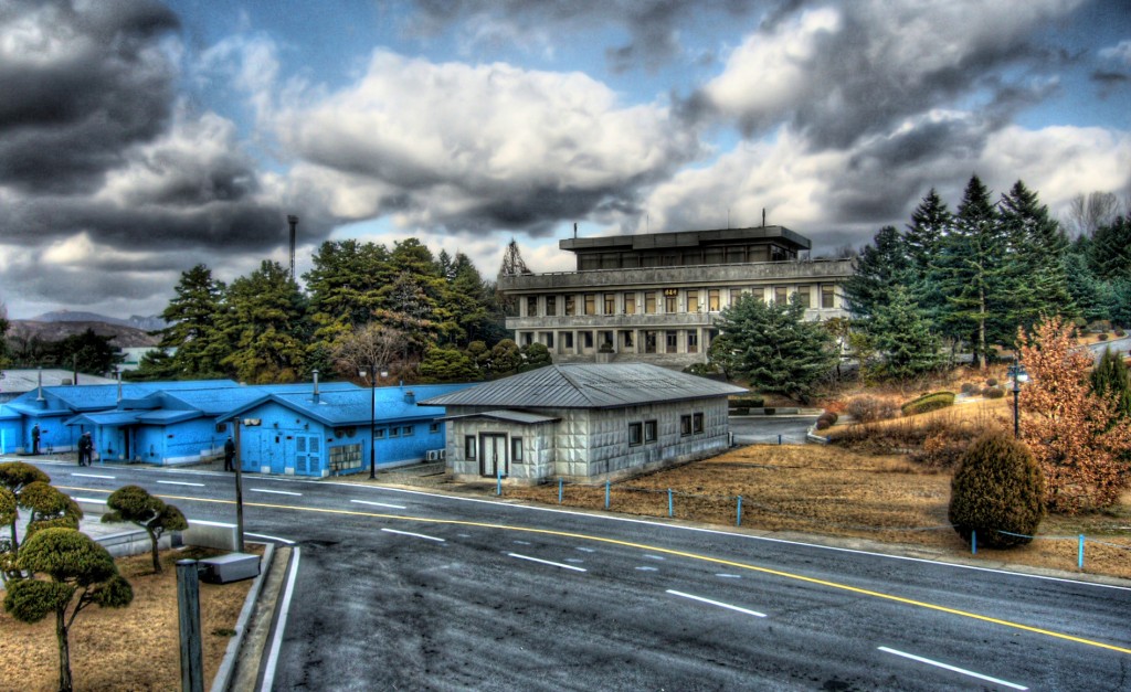 These buildings are set squarely on the Military Demarcation Line separating South and North Korea. North Korea in the back, South Korea in the front.(image: Flickr, by Joop)