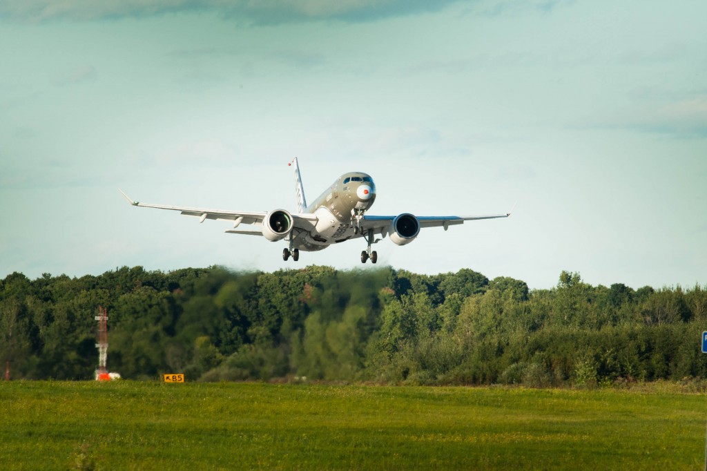  CSeries flight test vehicle two (FTV2) takes flight at Mirabel, Québec on September 7. (image: Bombadier)