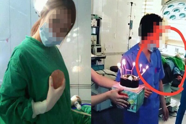 The controversial photos depicted clinic staff carrying a candle-lit birthday cake, taking selfies during the operation, eating food in the operating room, playing with breast implants, and counting money.