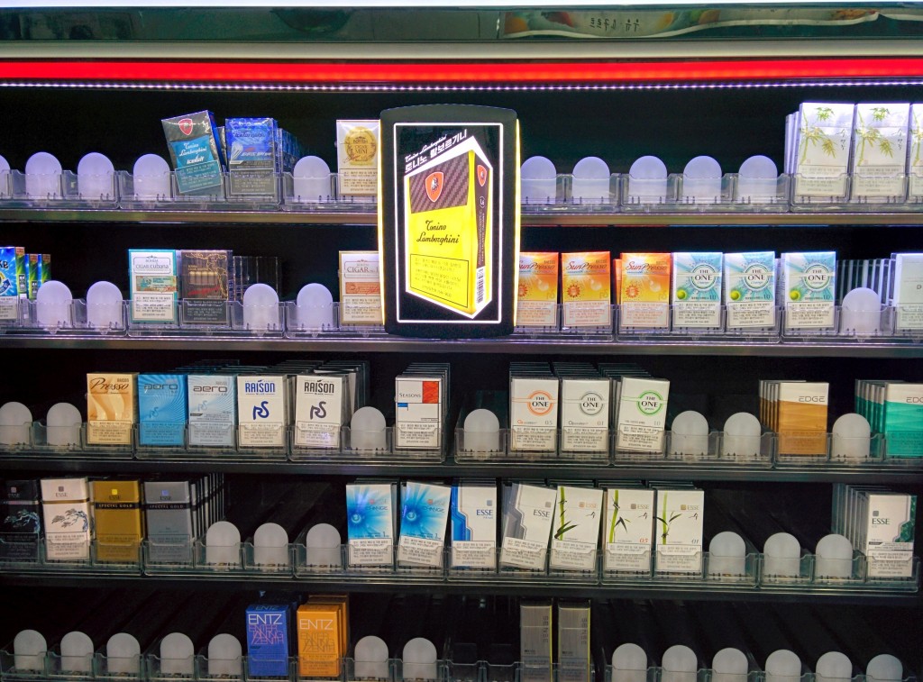 Assortment of cigarette products on display at a convenience store in Nonhyun-dong, Seoul (image: Kobizmedia)