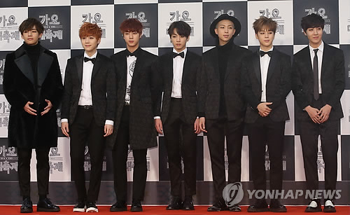 Korean boy band 'BTS' has received a 'World Wide Act' award at the 2015 MTV Europe Music Awards. (Image : Yonhap)