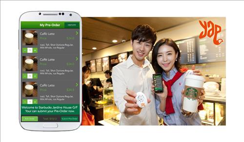 Models show off YAP Co.'s ordering system for a Starbucks in Hong Kong. (Image : Yap)