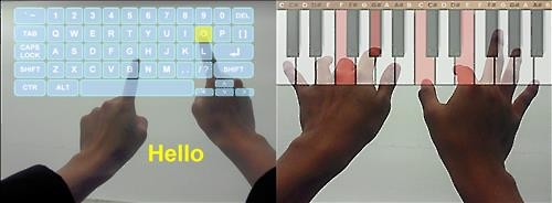 Korean researchers have developed Ultra Low Power (ULP) augmented reality (AR) glasses that can detect finger movement, allowing users to play a virtual piano or type with a virtual keyboard. (Image : KAIST)