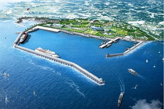Aerial view of the new civilian-military tourist harbor built in the island’s southern city of Seogwipo. (image: Yonhap)