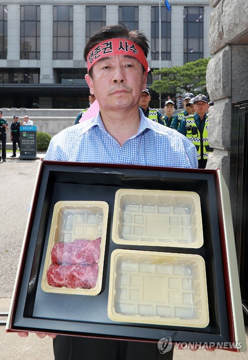 A livestock farmer stages a one-man protest in front of the Constitutional Court in Seoul on July 28, 2016, saying that the new anti-graft law will destroy domestic livestock farmers. (image: Yonhap)