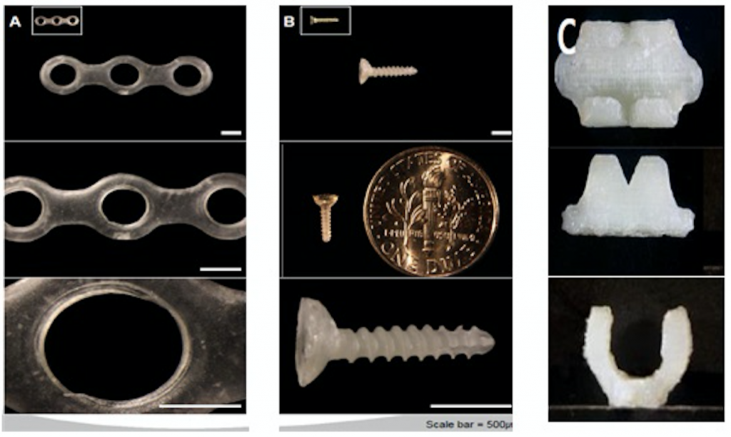 The team took advantage of the material’s properties to develop “silk ink” for 3D printing, and successfully used the ink to manufacture orthopedic implants including plates, screws, and clips – equipment surgically inserted to help stabilize and support broken bones until healed. (image: RDA)