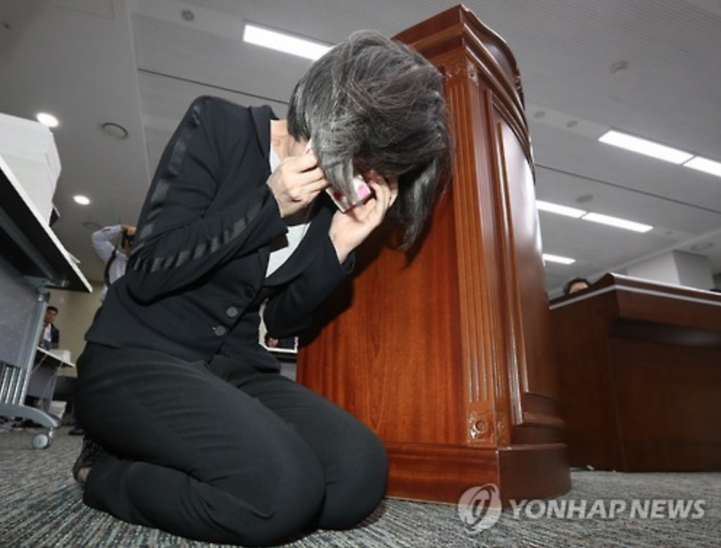 Choi Eun-young, former chairwoman of Hanjin Shipping, sobs on her knees during a parliamentary audit at the government complex in Sejong, central South Korea. Choi, who served as the shipper's head from 2008 and 2014, offered an apology over the fall of the country's No. 1 container shipping line currently under court receivership. (image: Yonhap)