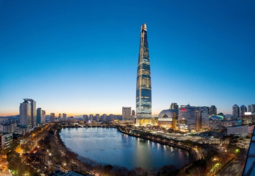 Six years after the ground breaking, the 555-meter high skyscraper is now the world's fifth-tallest building after the Burj Khalifa in Dubai, the Shanghai Tower, the Makkah Royal Clock Tower Hotel in Saudi Arabia and One World Trade Center in New York, the company said. (Image courtesy of Lotte Group)
