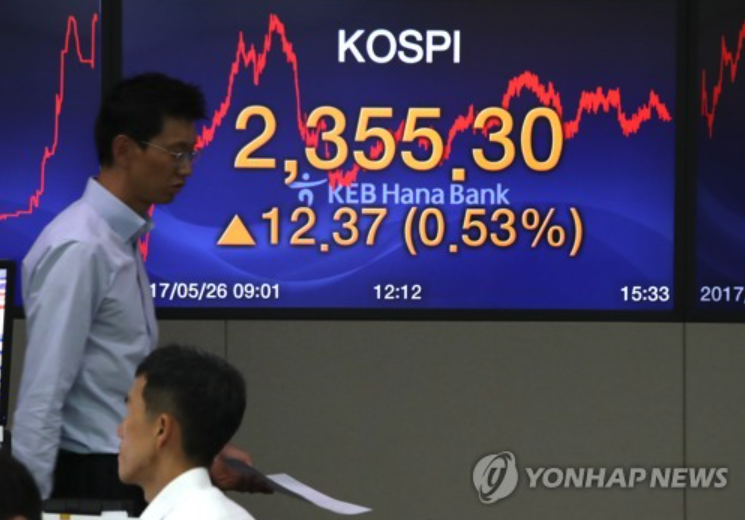 On Friday, the benchmark KOSPI added 12.37 points, or 0.53 percent, to reach an all-time high of 2,355.30. (image: Yonhap)