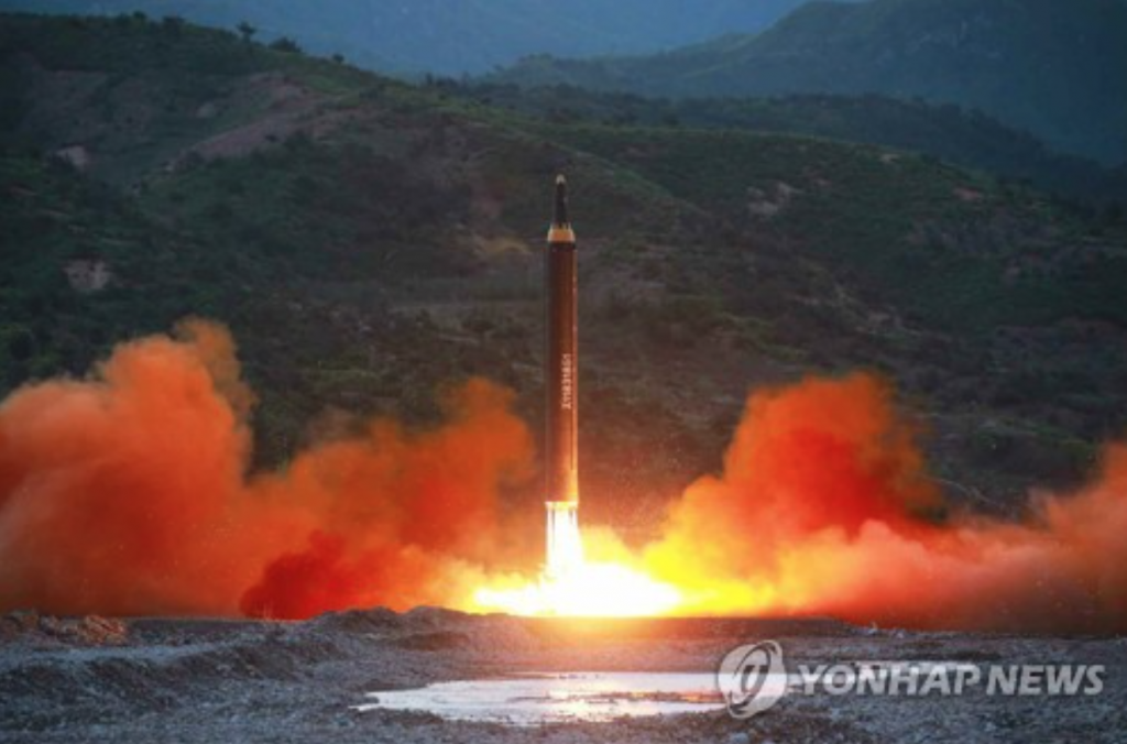 The KCNA said that the missile reached an altitude of 2,111.5 kilometers in an indication that it was a new type of intermediate-range ballistic missile (IRBM). It flew 787 km, it added. (image: Yonhap)