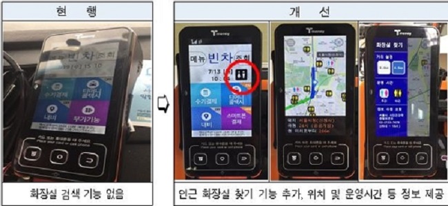 To point drivers in the right direction, Seoul and Korea Smart Card's collaboration resulted in an added feature to the credit card readers in taxis that reveals the location of the nearest public bathroom with a push of a button. (Image: Yonhap)