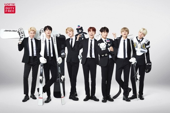 In this undated photo provided on Nov. 13, 2017, by Lotte Duty Free, South Korea's top duty-free operator, members of K-pop boy band BTS pose for a photo. (Image: Lotte Duty Free)
