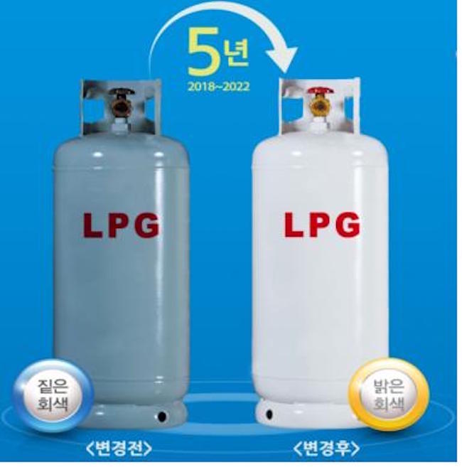 After 54 years, LPG tanks are going from the ubiquitous dark grey with dull, red lettering to a near-white grey with a bolder, red “LPG”. (Image: Yonhap)