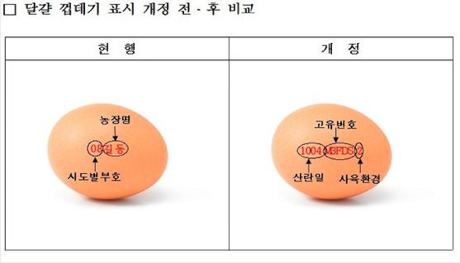 To help consumers make an informed choice as to which eggs to purchase, the government will insist that the “laying date”, “producer identification number” and “breeding environment number” be on display. (Image: Ministry of Food and Drug Safety)