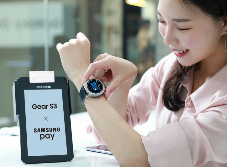 A model poses with Samsung Electronics Co.'s Gear S3 smartwatch. (image: Samsung Electronics Co.)