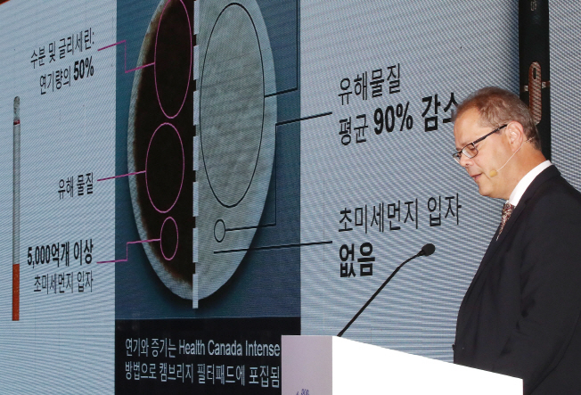 Manuel Peitsch, chief scientific officer of Philip Morris International, announces the outcome of his team's six-month clinical study of the company's smoke-free tobacco, IQOS, at a Seoul hotel on June 18, 2018. (image: Yonhap)