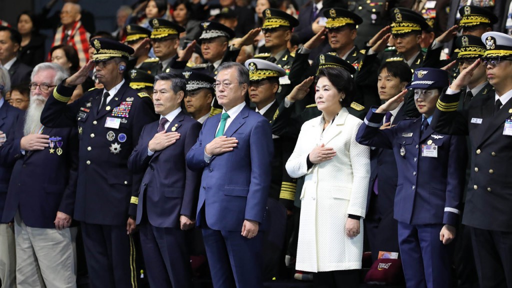 President Moon said, “The soldiers had to start as early as April to prepare for the ceremony in the past, and training over the summer made it even harder,” adding that “the color guards and the soldiers marching in synchronization is not an easy matter, and we should take that into full consideration.” (Image courtesy of Yonhap) 
