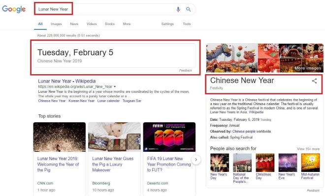 Searching for the term ‘Lunar New Year’ on Google came back with an explanation for the Chinese New Year listed as the top hit as well as on the Knowledge Graph. (image: Yonhap)