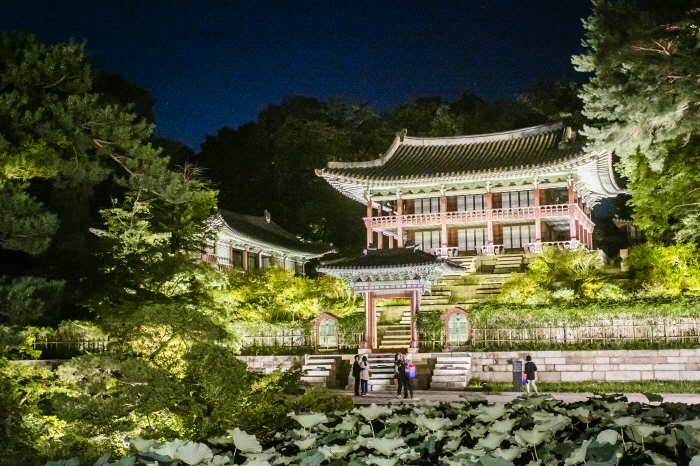 This photo provided by the Cultural Heritage Administration shows the royal palace Changdeok in Seoul during the Changdeokgung Moonlight Tour.