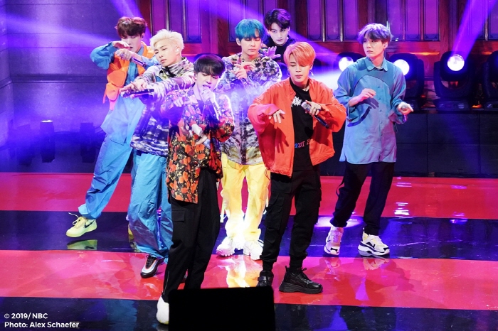 BTS performs during an appearance on the NBC's "Saturday Night Live." (image: NBC)