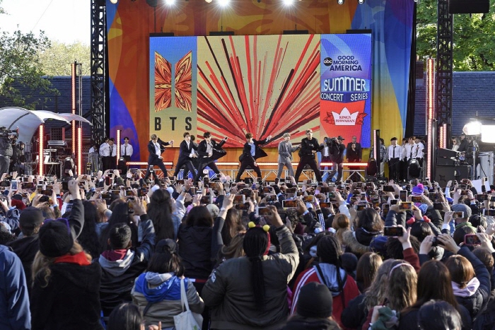 This image of BTS performing for the 2019 GMA Summer Concert Series in Central Park, New York, was provided by Walt Disney Television/Paula Lobo.