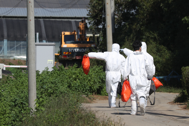 Quarantine officials enter a pig farm in Yeoncheon, 62 kilometers north of Seoul, on Sept. 18, 2019, as South Korea's second case of African swine fever was confirmed there earlier in the day. (Yonhap)