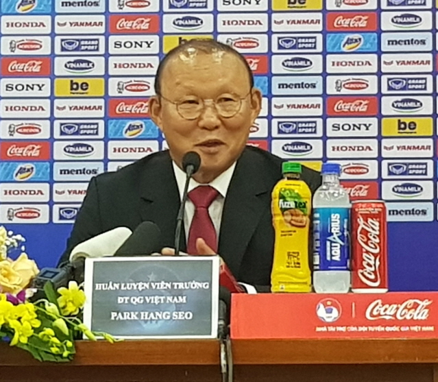 Park Hang-seo, South Korean head coach for the Vietnamese men's national football team, speaks at a press conference at the Vietnam Football Federation headquarters in Hanoi on Nov. 7, 2019. (Yonhap)