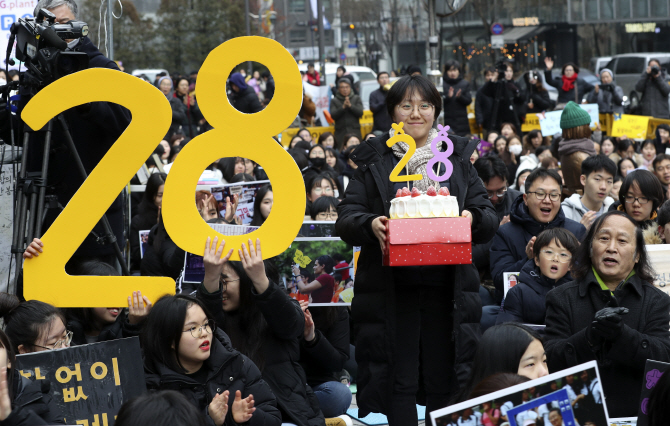 Participants hold up signs and a cake marking the 28th anniversary of the weekly rally held every Wednesday to protest against Japan's sexual slavery of Korean women during World War II on Jan. 8, 2020. (Yonhap)