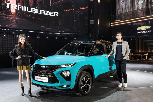 This photo, provided by GM Korea on Jan. 16, 2020, shows models posing at the local launch ceremony of GM's Trailblazer SUV in Incheon, west of Seoul.