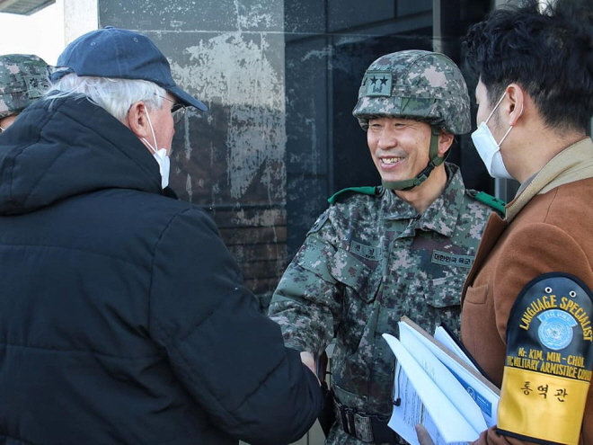 This image captured from the United Nations Command's Facebook page shows a participant in the PyeongChang Peace Forum visiting Observation Post 717 located inside the Demilitarized Zone (DMZ).