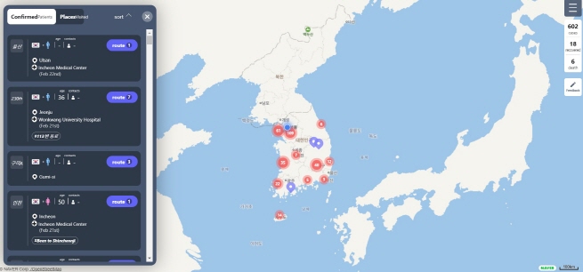 A screenshot of Coronamap Live taken on Feb. 24, 2020, shows an interactive map with information on coronavirus patients and places they have visited.  (Yonhap)