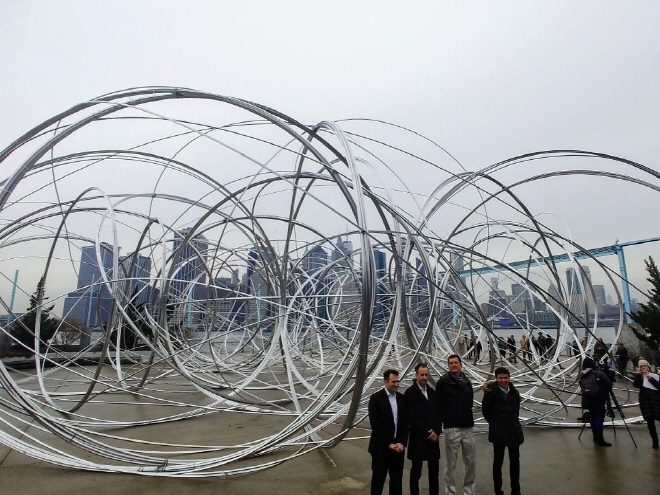 British sculptor Antony Gormley's "New York Clearing" is unveiled at Brooklyn Bridge Park Pier 3 on Feb. 4, 2020. (Yonhap)