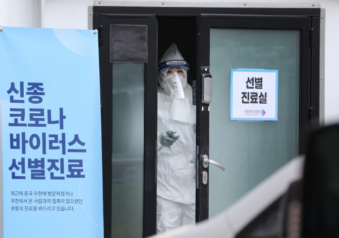 A medical worker in protective gear holds a thermometer at the National Medical Center in Seoul on Feb. 4, 2020, where patients diagnosed with new coronavirus are being treated. (Yonhap)