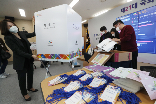 Officials at the National Election Commission check polling booths and other equipment to be used for the April 15 parliamentary elections at its headquarters in Gwacheon, south of Seoul, on March 16, 2020. (Yonhap)