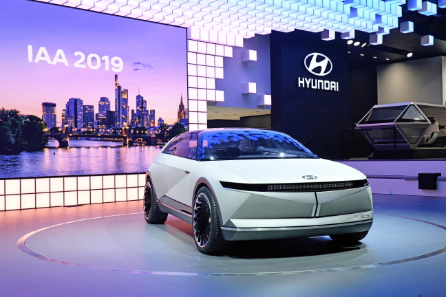 This undated photo provided by Hyundai Motor shows the carmaker's EV concept 45 on display at the Frankfurt Motor Show.