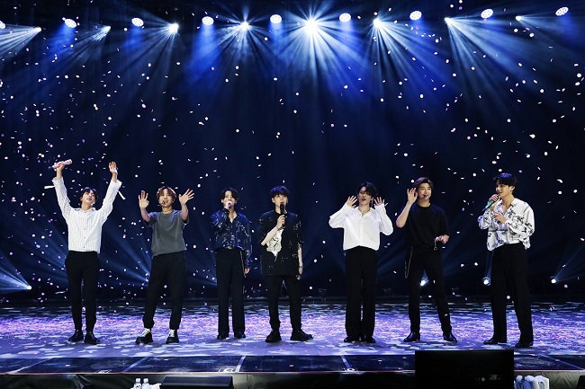 This photo, provided by Big Hit Entertainment, shows a highlight from K-pop band BTS' online concert "Bang Bang Con: The Live" held on June 14, 2020.