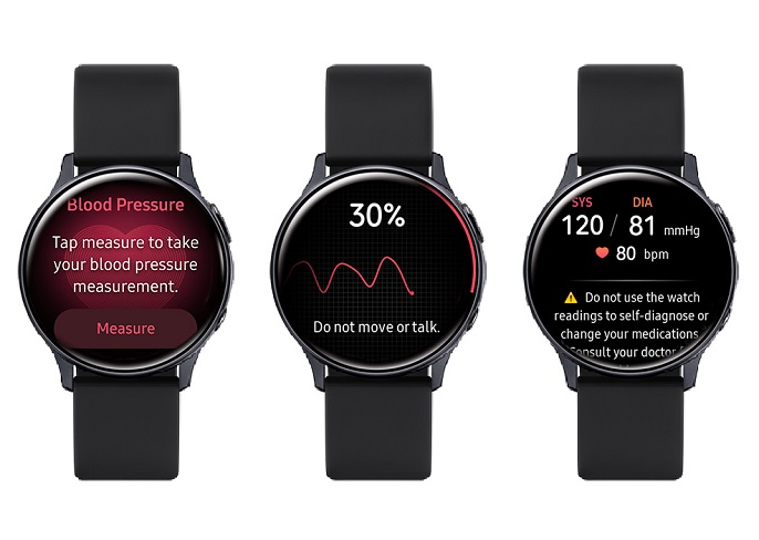 This photo provided by Samsung Electronics Co. on June 18, 2020, shows the company's Samsung Health Monitor app running on the Galaxy Watch Active2 smartwatches.