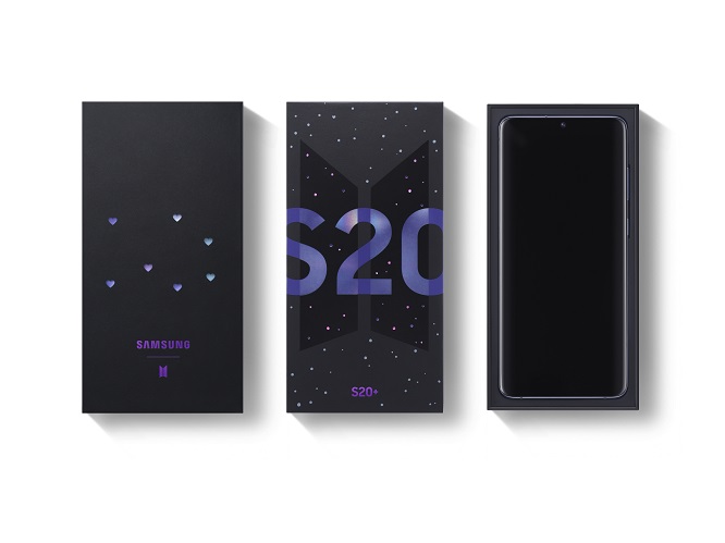 This photo provided by Samsung Electronics Co. on June 15, 2020, show the Galaxy S20 Plus BTS edition smartphones.