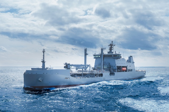 This file photo provided by Hyundai Heavy Industries Co. shows a warship for the Royal New Zealand Navy built by the shipbuilder.