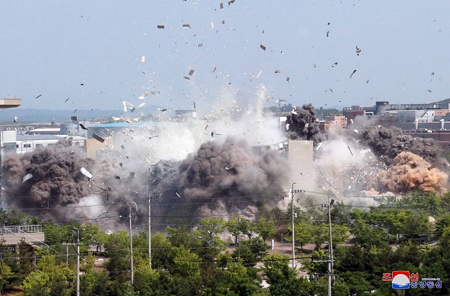 The inter-Korean liaison office in North Korea's border city of Kaesong is blown up by the North on June 16, 2020, in this photo released by the North's official Korean Central News Agency.