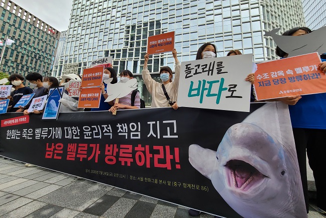 Animal right groups are calling for the Ministry of Oceans and Fisheries to instantly establish plans to set the remaining belugas free.   (Yonhap)