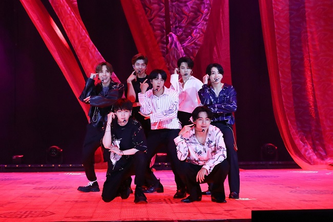 This file photo provided by Big Hit Entertainment shows K-pop group BTS on stage during the band's virtual online concert, Bang Bang Con: The Live, held on June 14, 2020. 