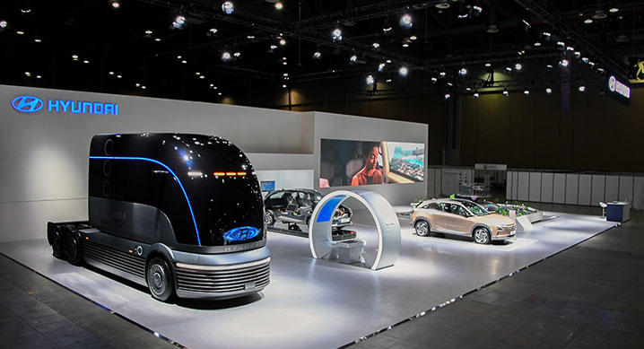 This photo, provided by Hyundai-Kia Automotive Group, shows a Hyundai booth at the 2020 H2 Mobility+ Energy Show on July 1, 2020, at KINTEX in Ilsan, north of Seoul.