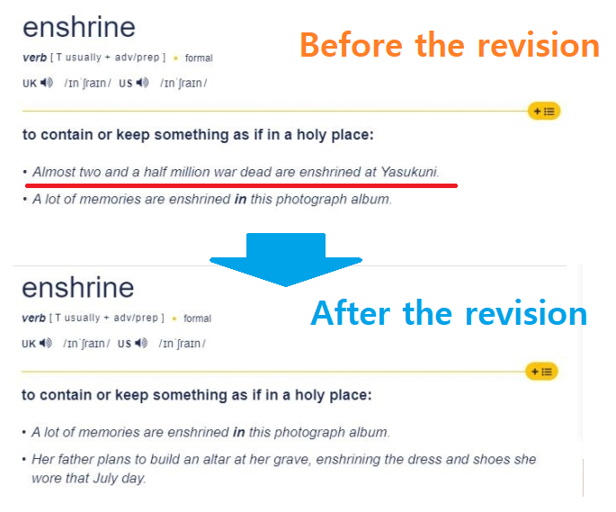 Cambridge Dictionary Decides Yasukuni Shrine Incompatible with “Enshrine”  Usage