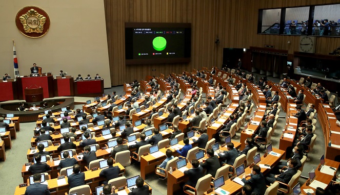 South Korean National Assembly holds a voting session for a set of revisions aimed at calming the local property market on Aug. 4, 2020. (Yonhap)