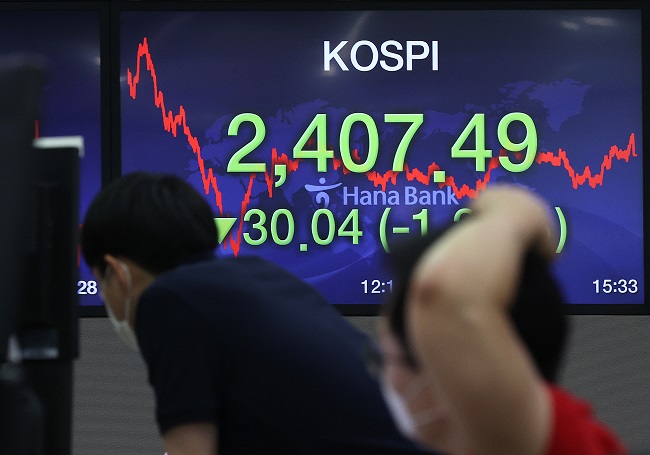 Screens at a Hana Bank dealing room in Seoul show the benchmark Korea Composite Stock Price Index (KOSPI) closing at 2,407.49 on Aug. 14, 2020, down 30.04 points from the previous session's close. (Yonhap)