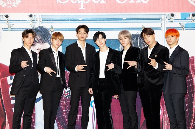This photo provided by SM Entertainment on Sept. 25, 2020, shows K-pop group SuperM posing for a photo during a press conference for its new album "Super One" in Seoul.