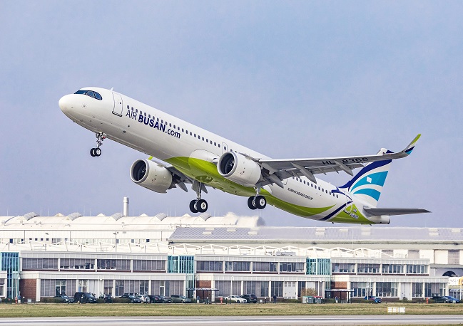 This file photo provided by Air Busan shows an A321neo passenger jet taking off from a local airport in South Korea.