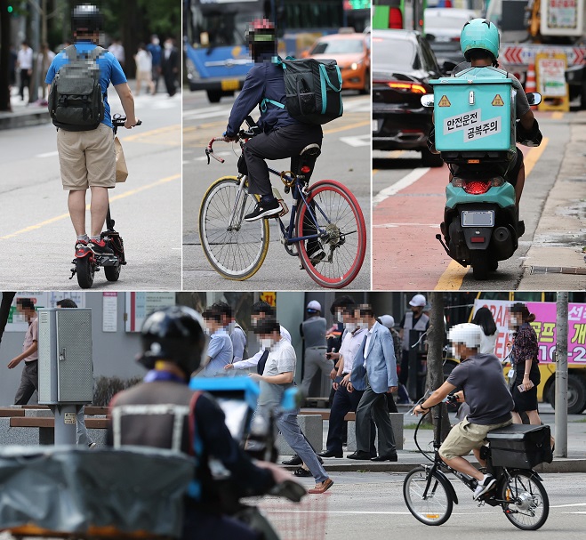 These file photos, taken on Sept. 3, 2020, show deliverymen of South Korea’s major food delivery application operators. (Yonhap)