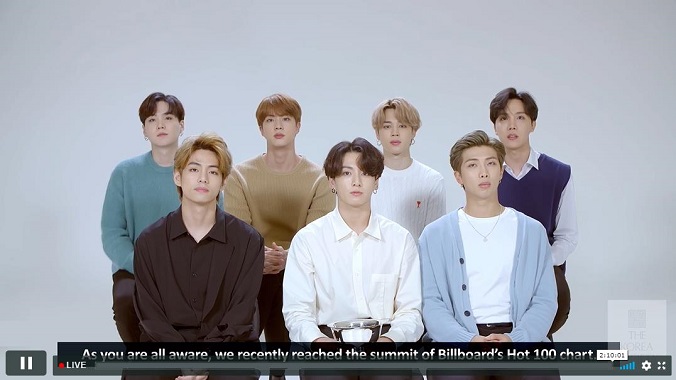 This screenshot from an online gala held by the Korea Society on Oct. 7, 2020, shows BTS sharing a message after receiving the Van Fleet Award for its contributions to Seoul-Washington relations.